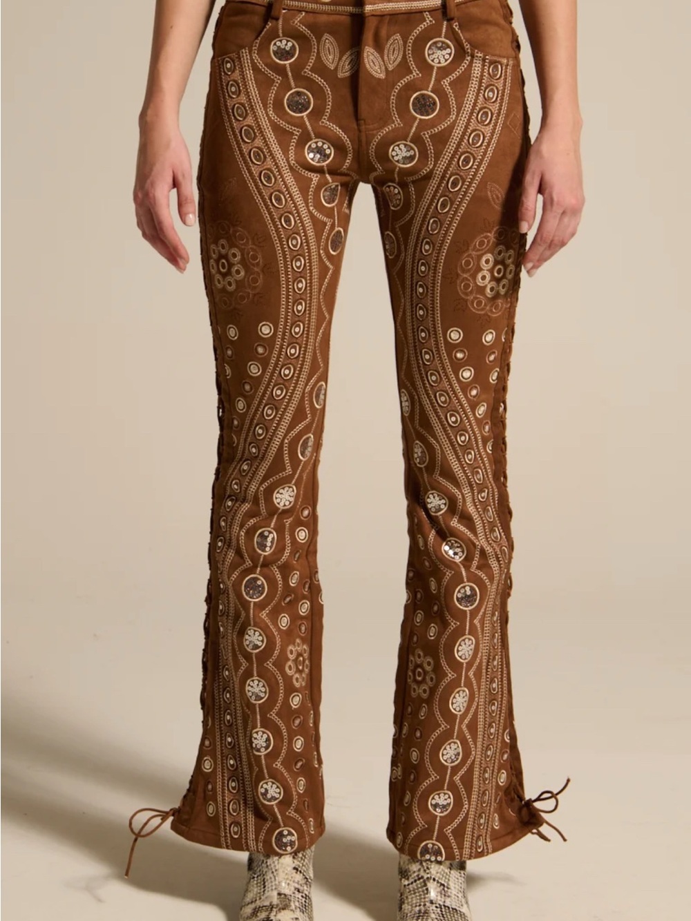 AKIRA Texas Forever pant. Embroidered sequin Brown faux Suede Flared Pants